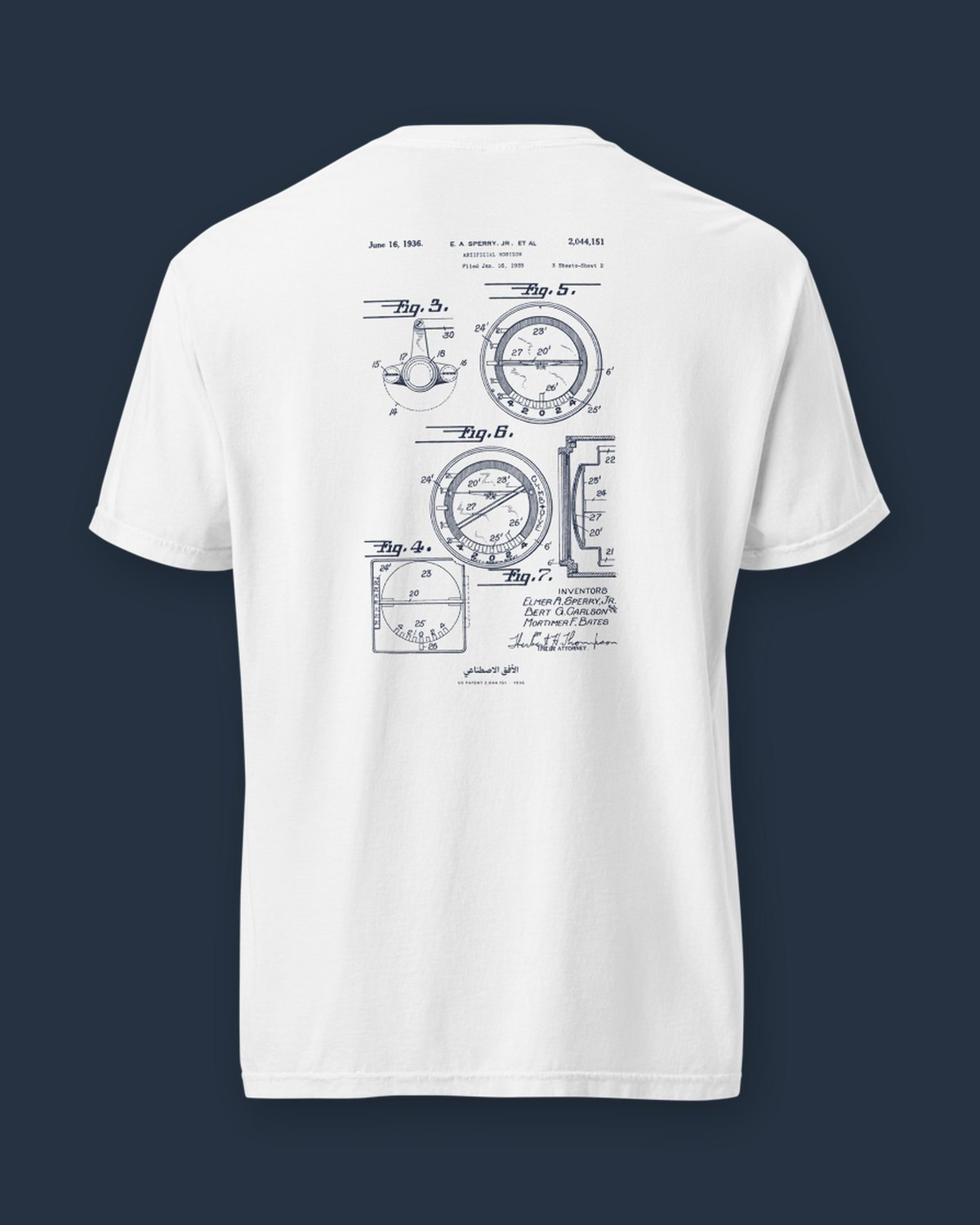The Artificial Horizon 1936 sheet, printed on the back of a white heavyweight tee.