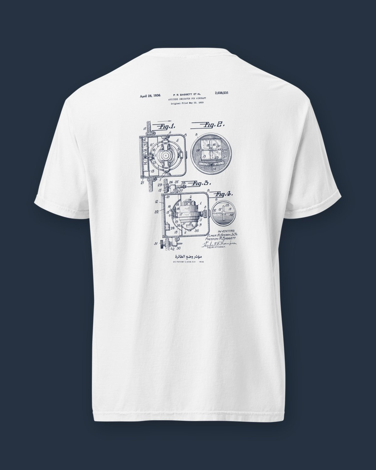 The Attitude Indicator 1936 sheet, printed on the back of a white heavyweight tee.