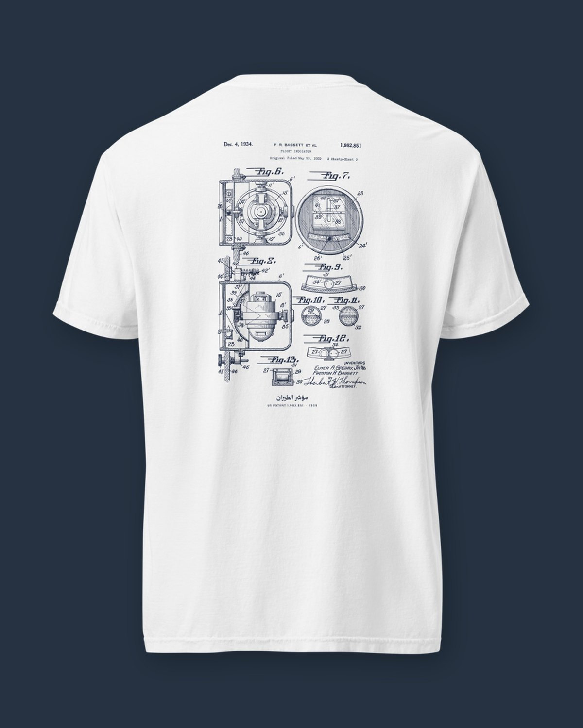 The Flight Indicator 1934 sheet, printed on the back of a white heavyweight tee.