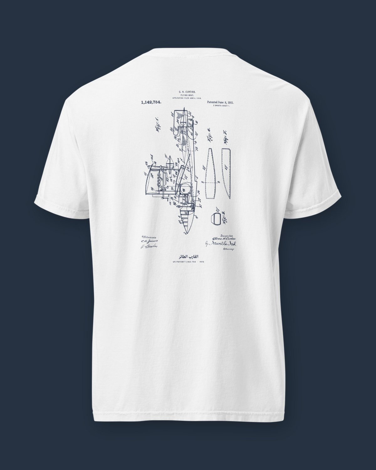 The Flying Boat 1915 sheet, printed on the back of a white heavyweight tee.