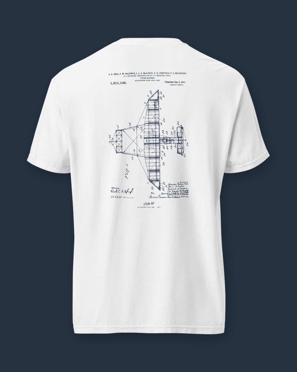 The Flying Machine 1911 sheet, printed on the back of a white heavyweight tee.